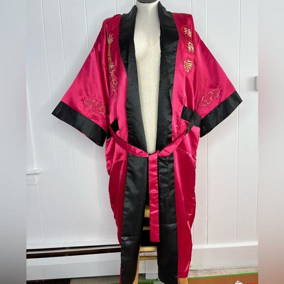 Reversible Satin Japan Belted Kimono Robe - Dragon Embroidered Red Black Long - Picture 1 of 9